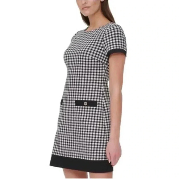 TOMMY HILFIGER Black Zippered Short Sleeve Crew Neck Mini Evening Sheath Dress - Picture 3 of 15